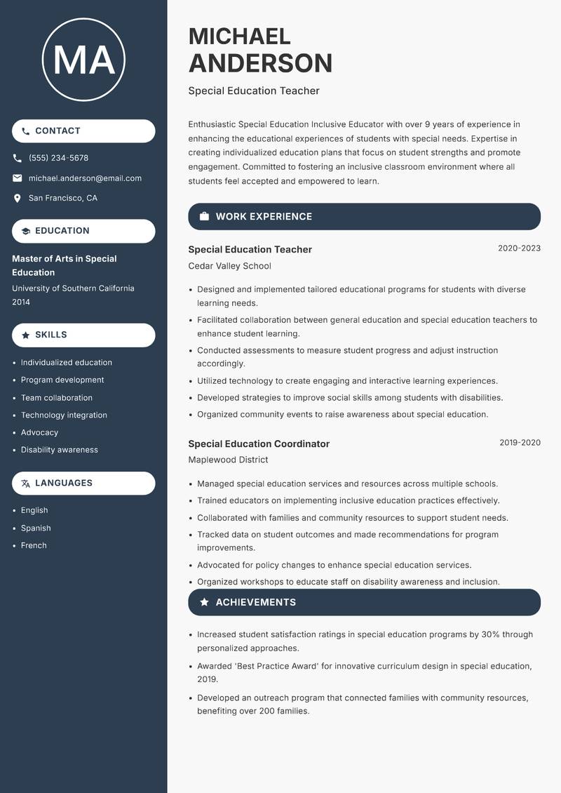 Special Education Inclusive Educator resume template — Compact
