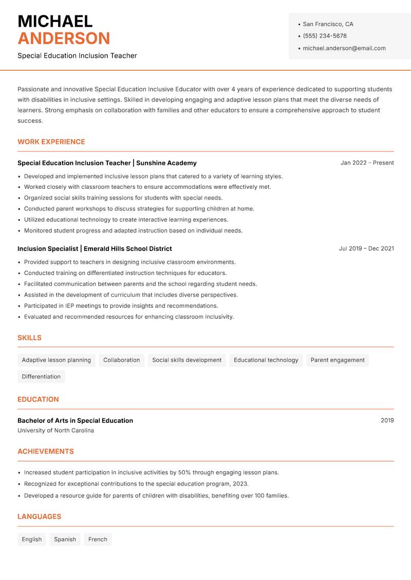 Special Education Inclusive Educator resume template — Modern Professional