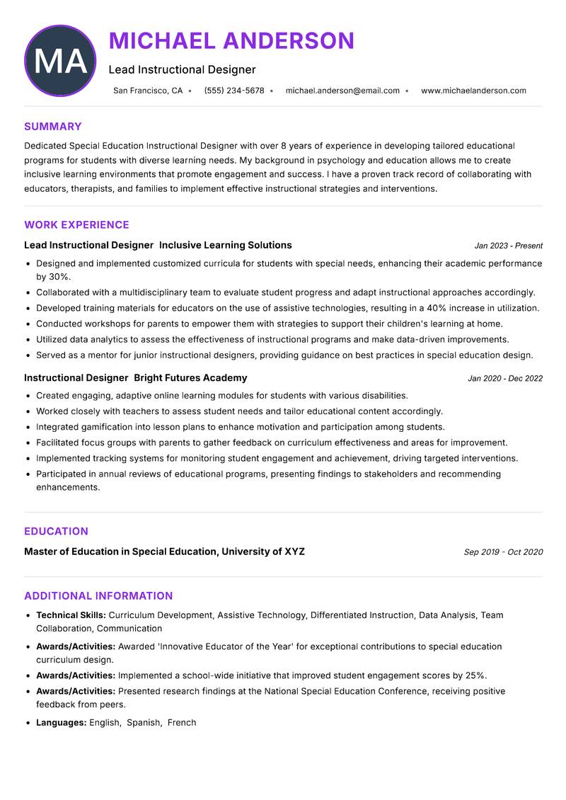 Special Education Instructional Designer resume example — ATS-friendly template
