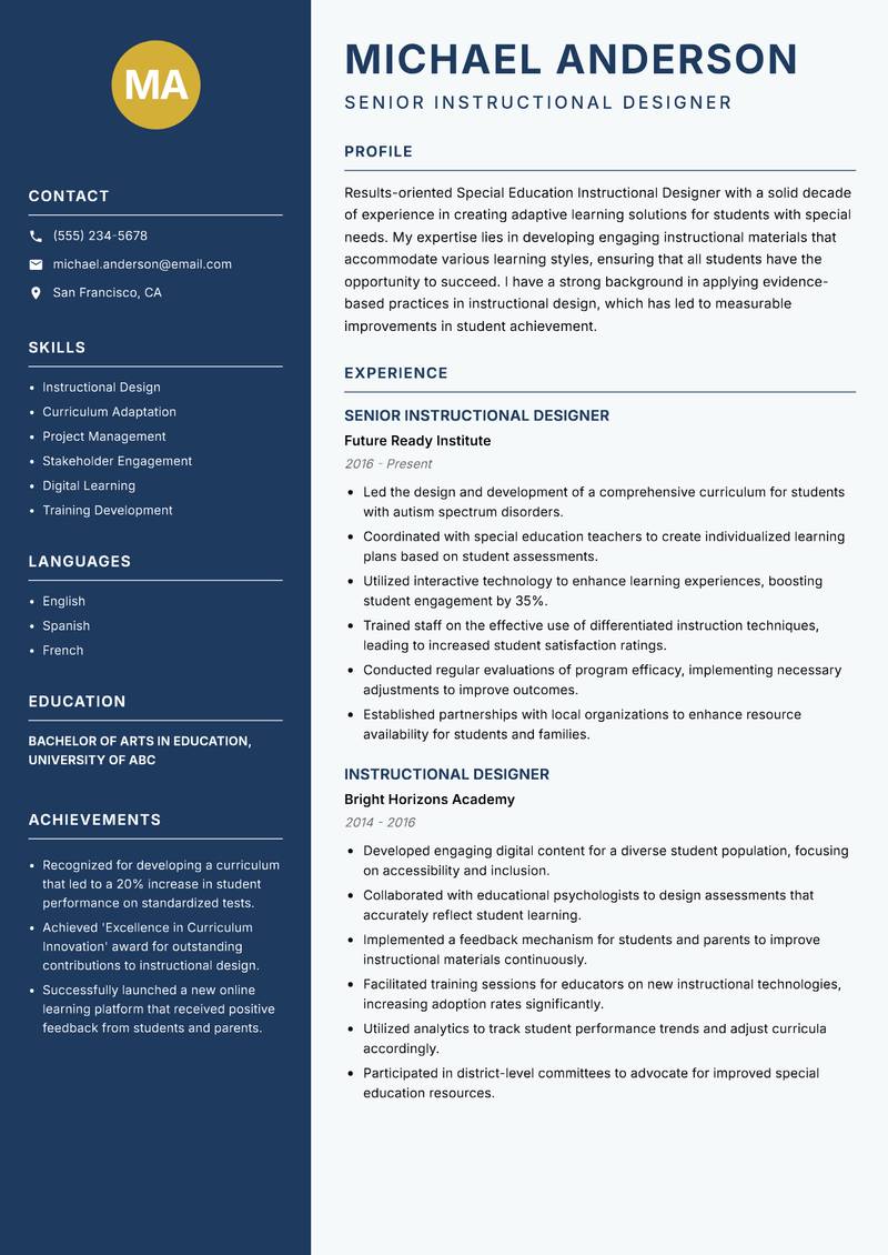 Special Education Instructional Designer resume template — Classic Clean