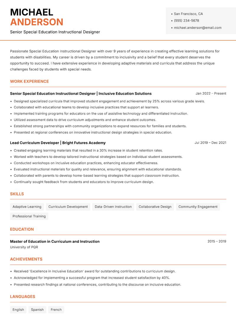 Special Education Instructional Designer resume template — Modern Professional