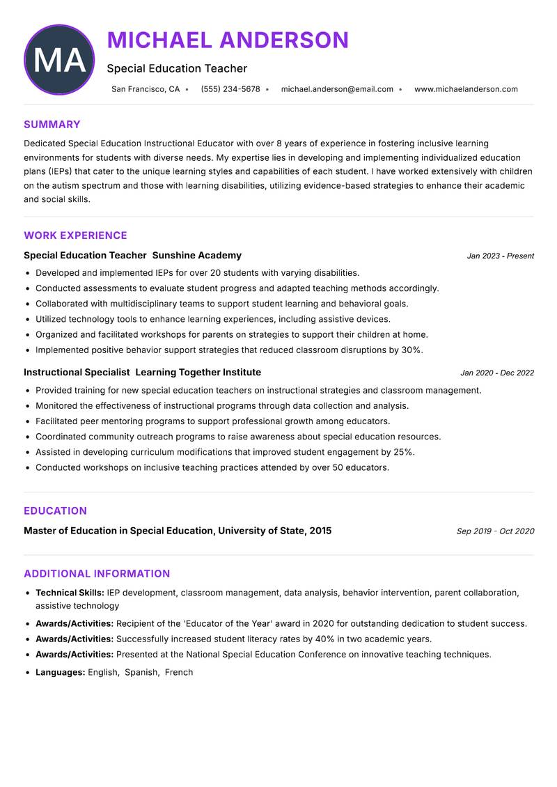Special Education Instructional Educator resume example — ATS-friendly template