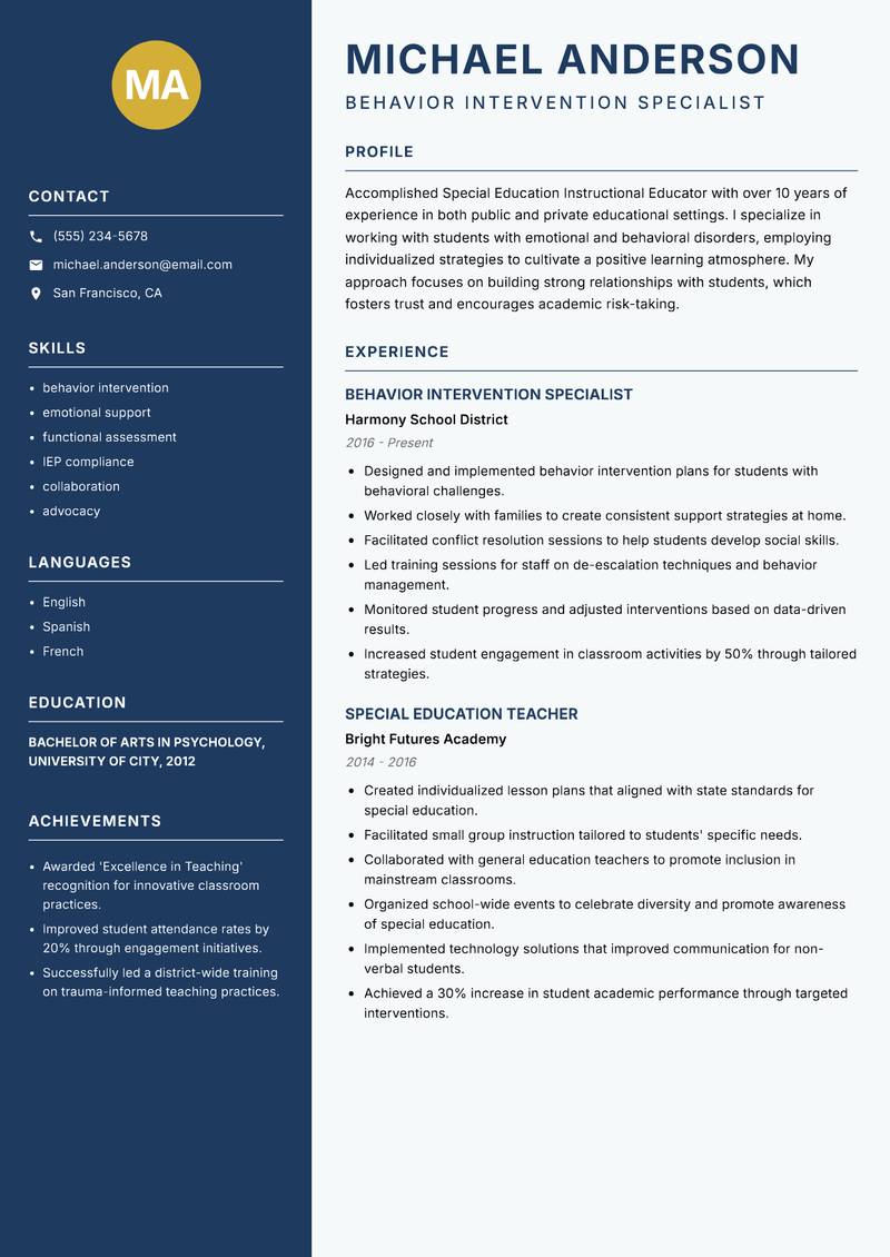Special Education Instructional Educator resume template — Classic Clean
