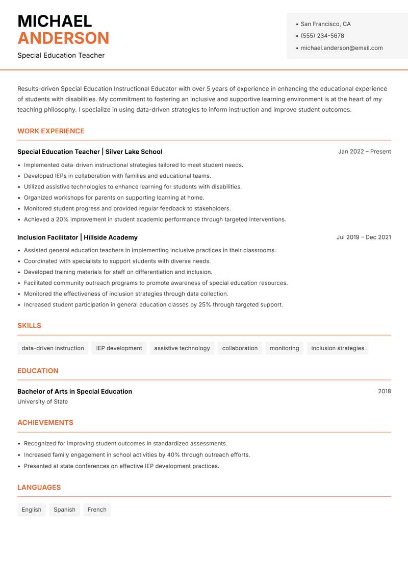 Special Education Instructional Educator resume template — Modern Professional