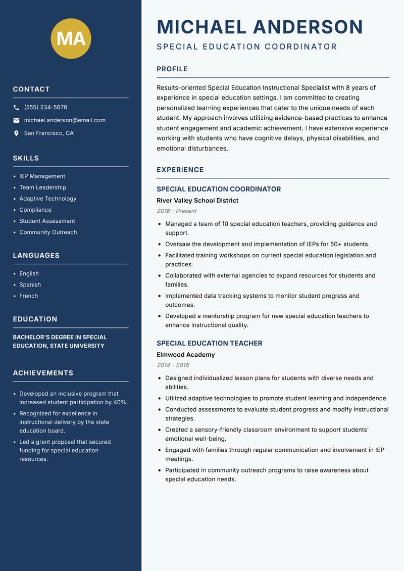 Special Education Instructional Specialist resume template — Classic Clean