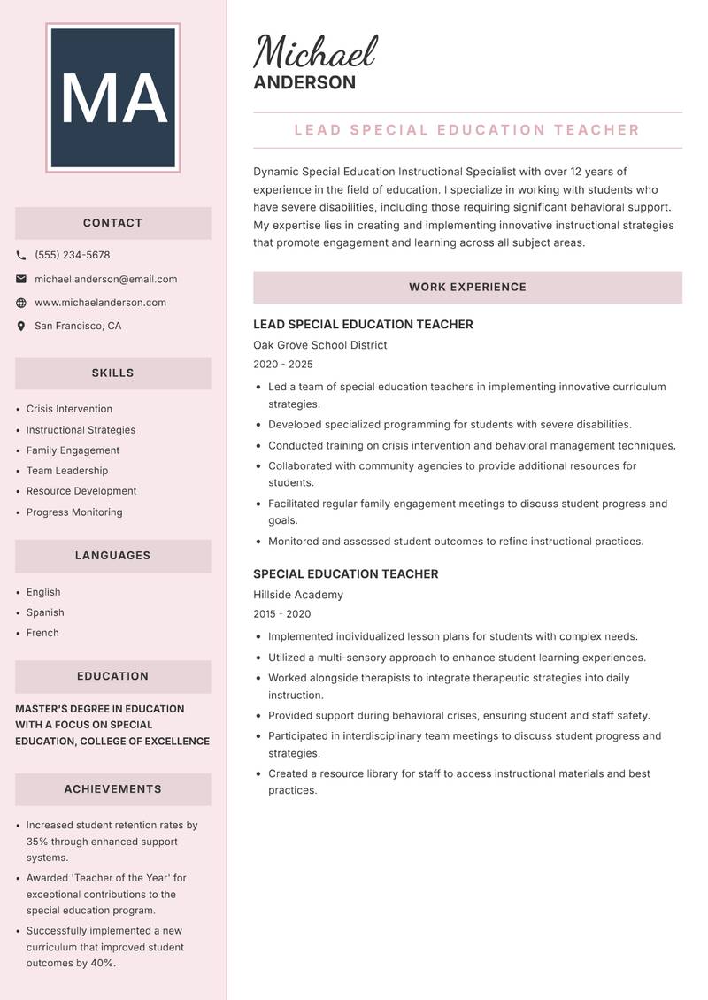 Special Education Instructional Specialist resume template — Executive