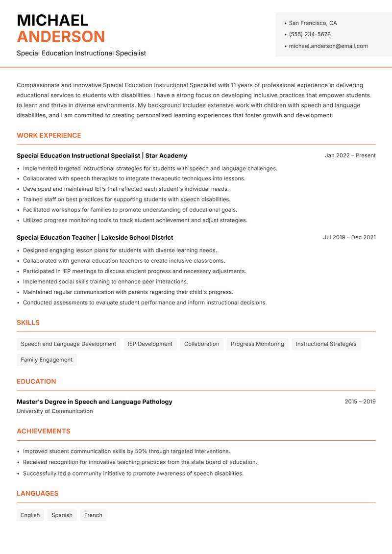 Special Education Instructional Specialist resume template — Modern Professional