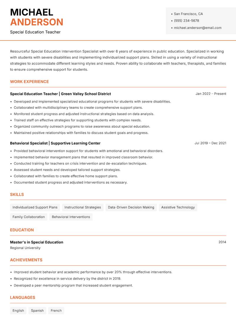 Special Education Intervention Specialist resume template — Modern Professional