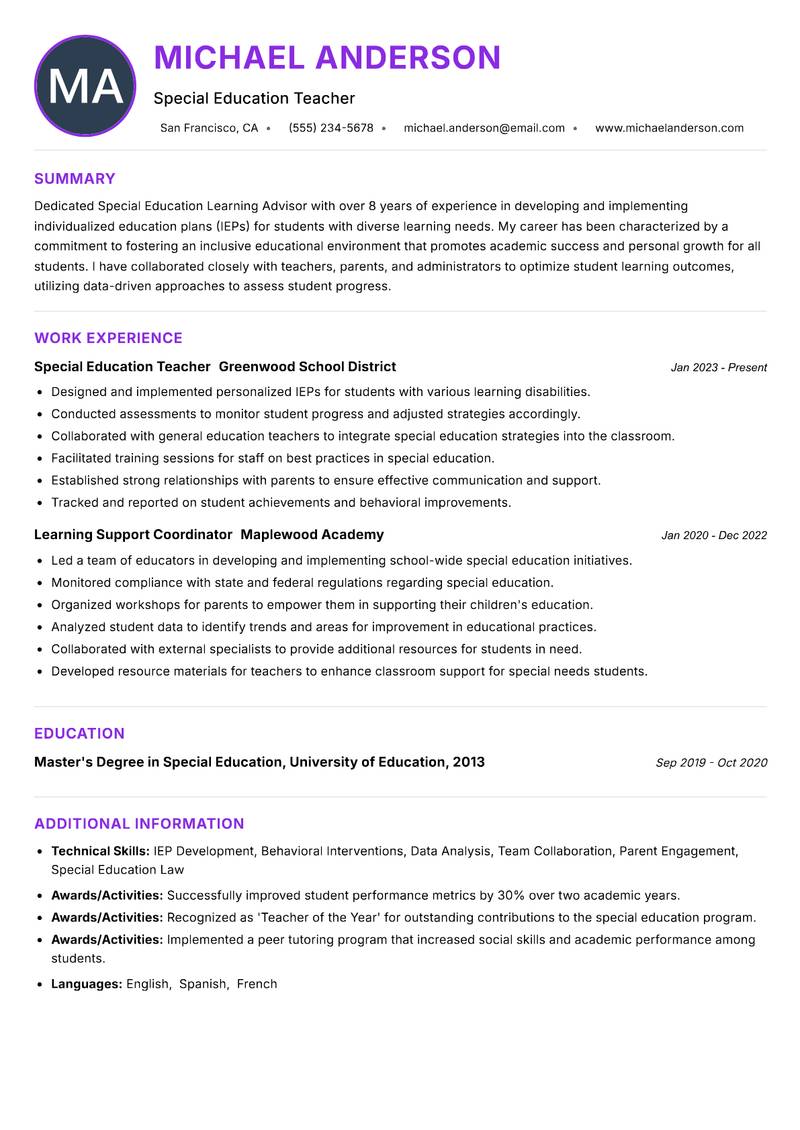 Special Education Learning Advisor resume example — ATS-friendly template