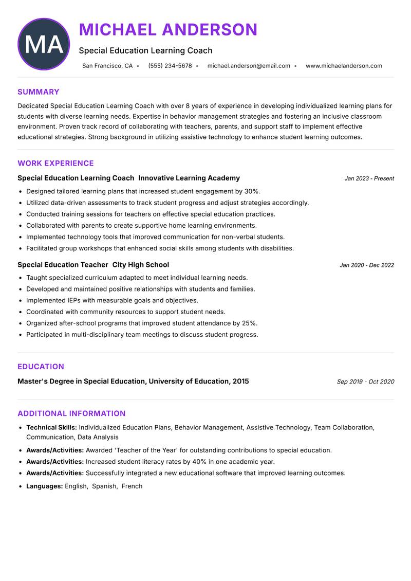 Special Education Learning Coach resume example — ATS-friendly template