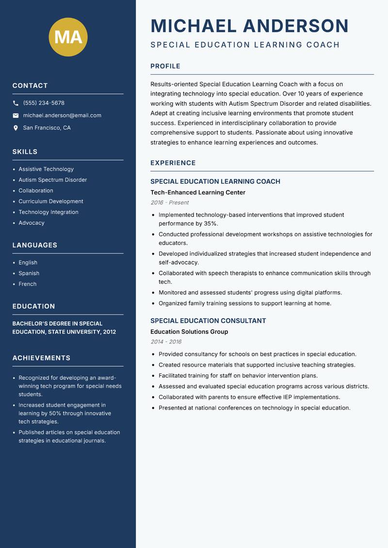 Special Education Learning Coach resume template — Classic Clean