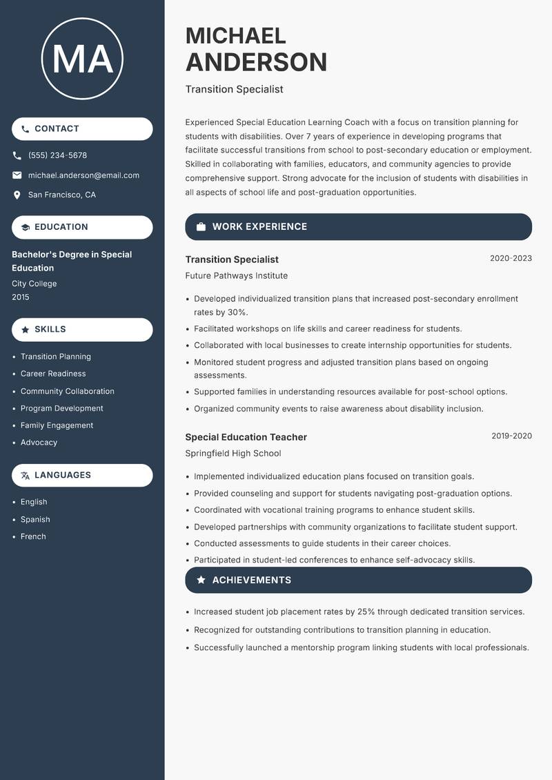 Special Education Learning Coach resume template — Compact