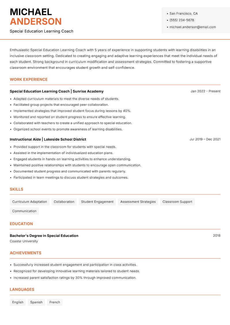 Special Education Learning Coach resume template — Modern Professional