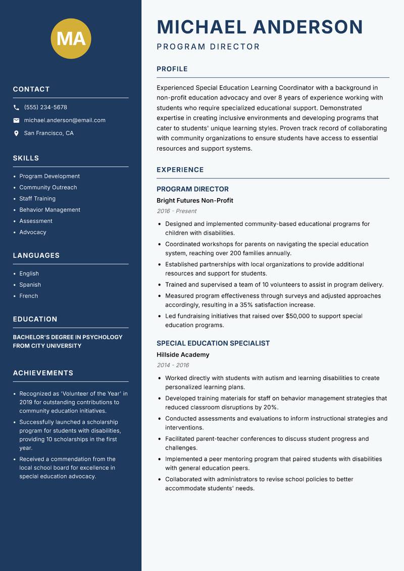 Special Education Learning Coordinator resume template — Classic Clean