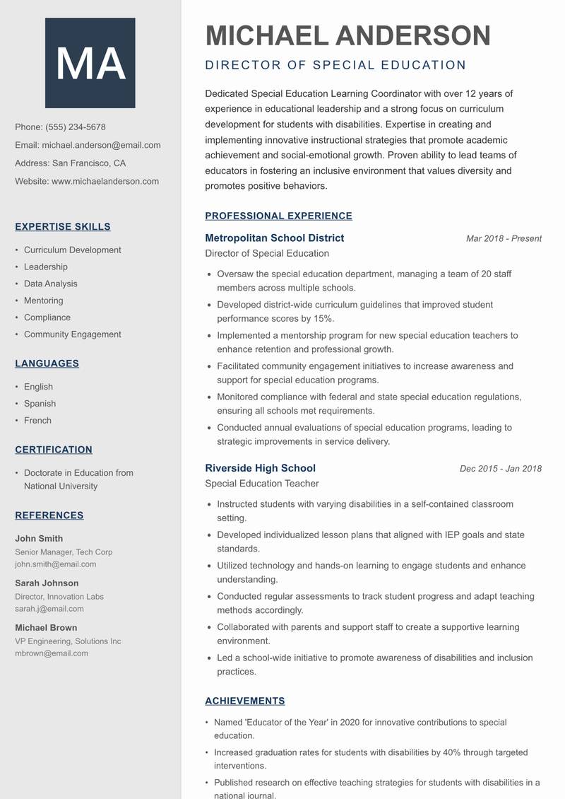 Special Education Learning Coordinator resume template — Creative Minimal