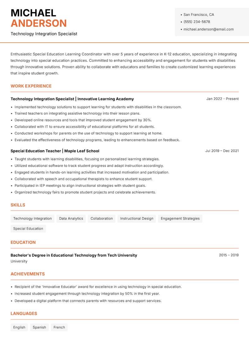 Special Education Learning Coordinator resume template — Modern Professional
