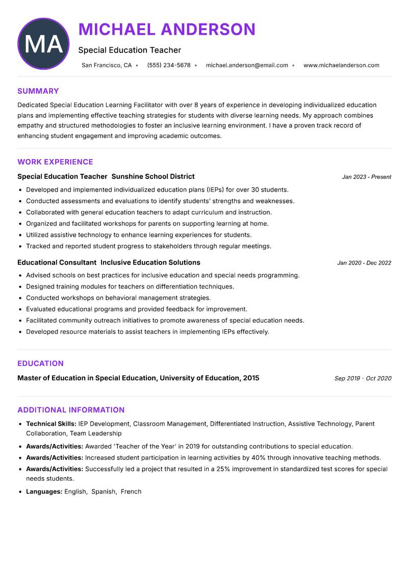 Special Education Learning Facilitator resume example — ATS-friendly template