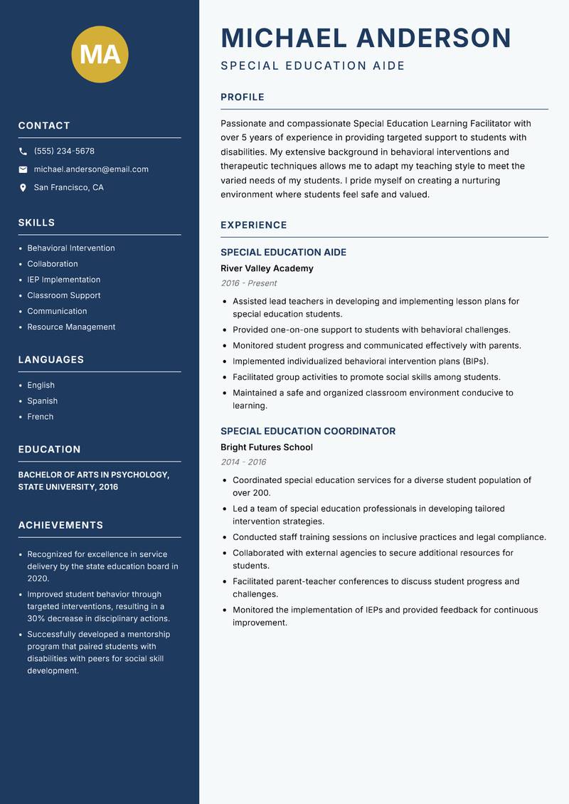 Special Education Learning Facilitator resume template — Classic Clean