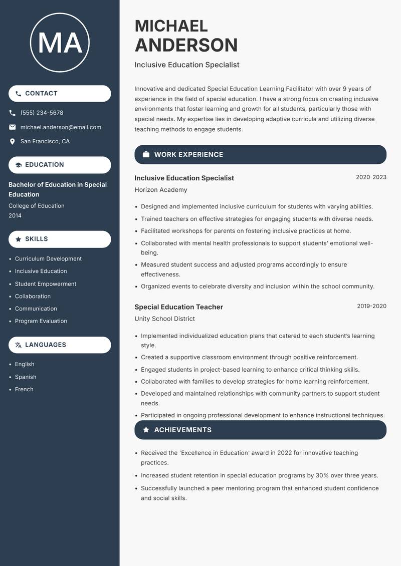 Special Education Learning Facilitator resume template — Compact