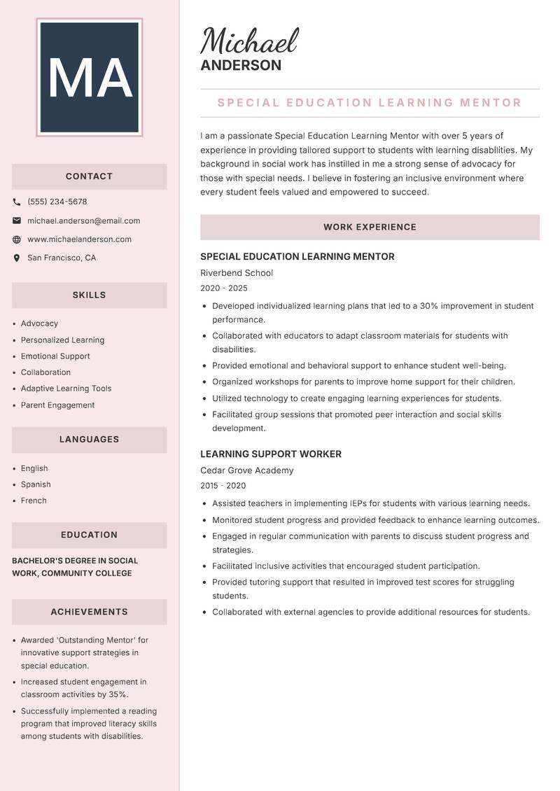 Special Education Learning Mentor resume template — Executive