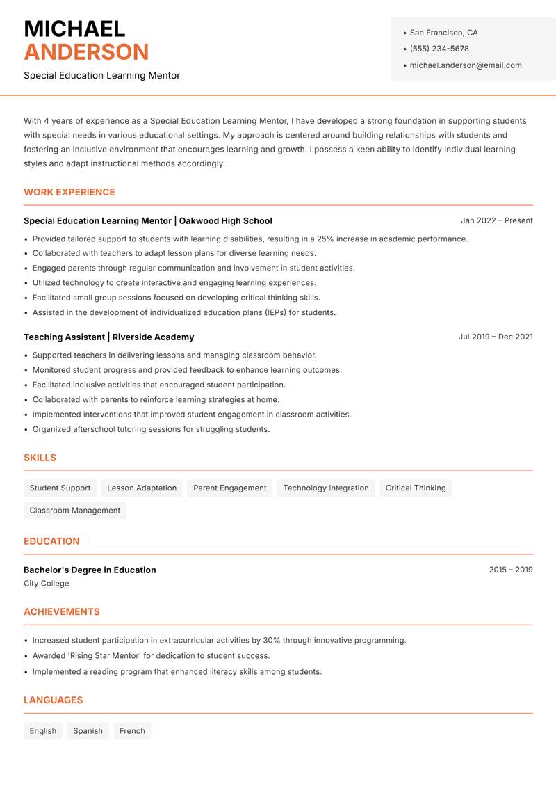 Special Education Learning Mentor resume template — Modern Professional