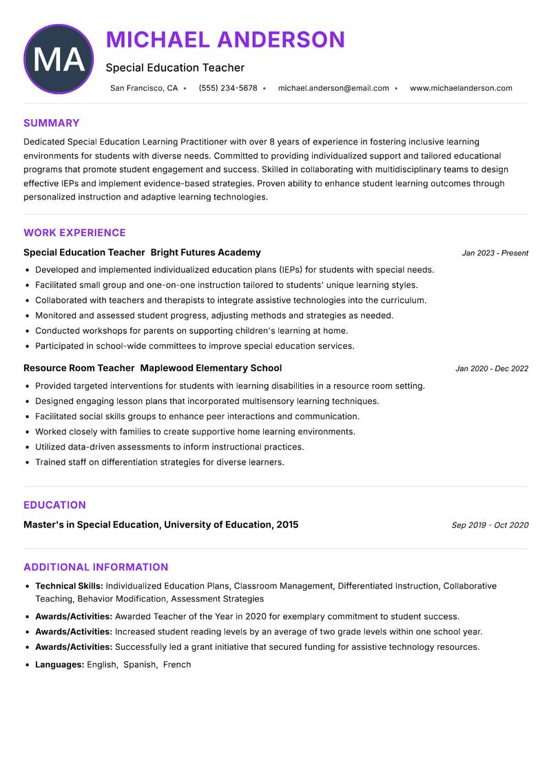 Special Education Learning Practitioner resume example — ATS-friendly template