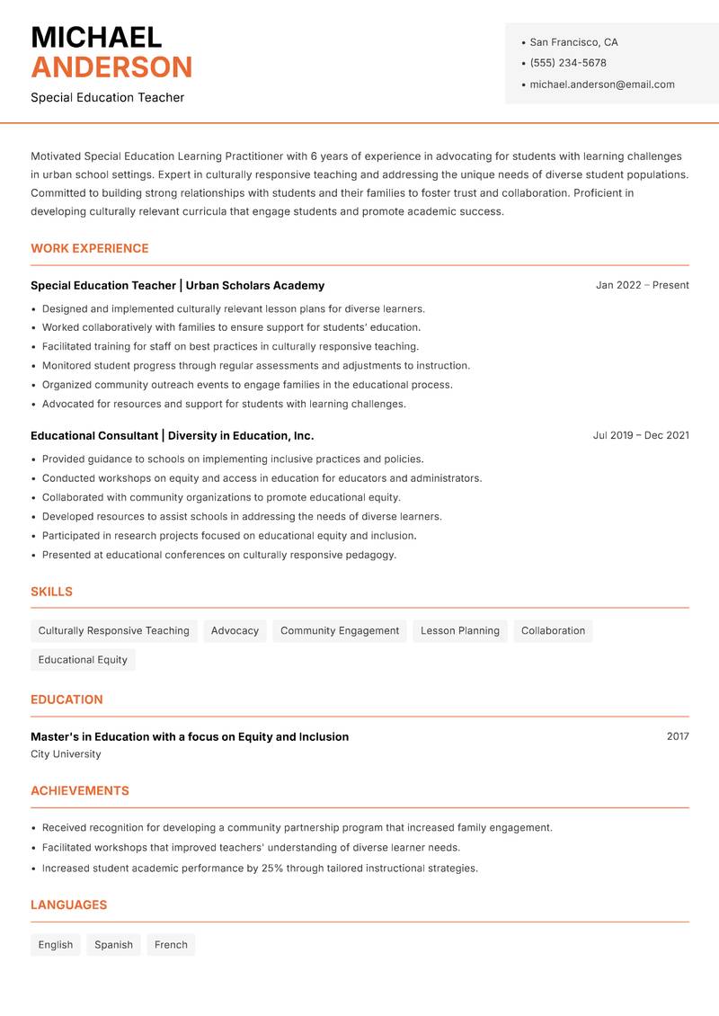 Special Education Learning Practitioner resume template — Modern Professional