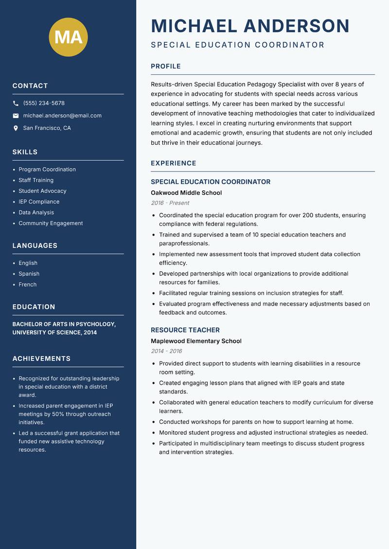 Special Education Pedagogy Specialist resume template — Classic Clean