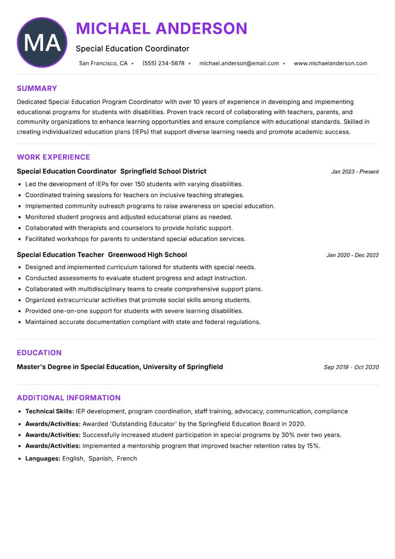 Special Education Program Coordinator resume example — ATS-friendly template
