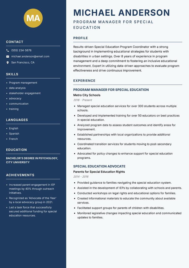 Special Education Program Coordinator resume template — Classic Clean