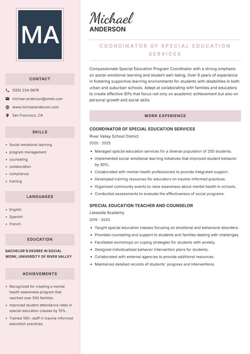 Special Education Program Coordinator resume template — Executive