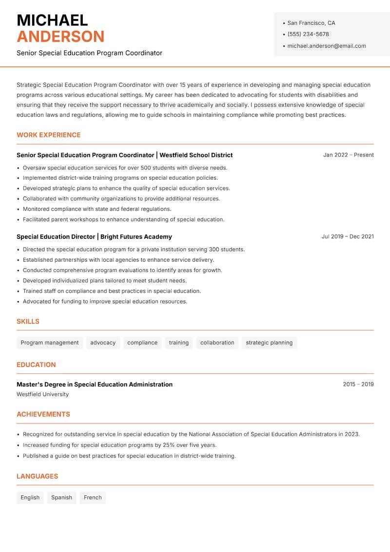 Special Education Program Coordinator resume template — Modern Professional