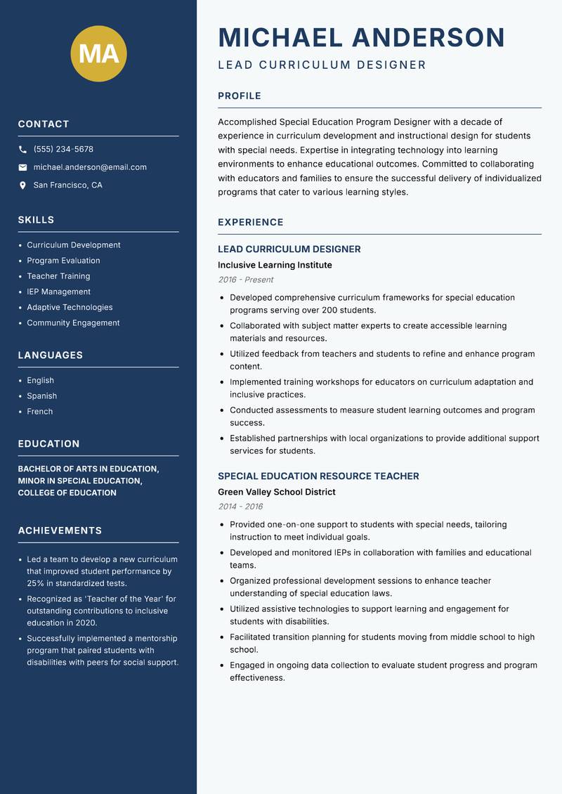 Special Education Program Designer resume template — Classic Clean