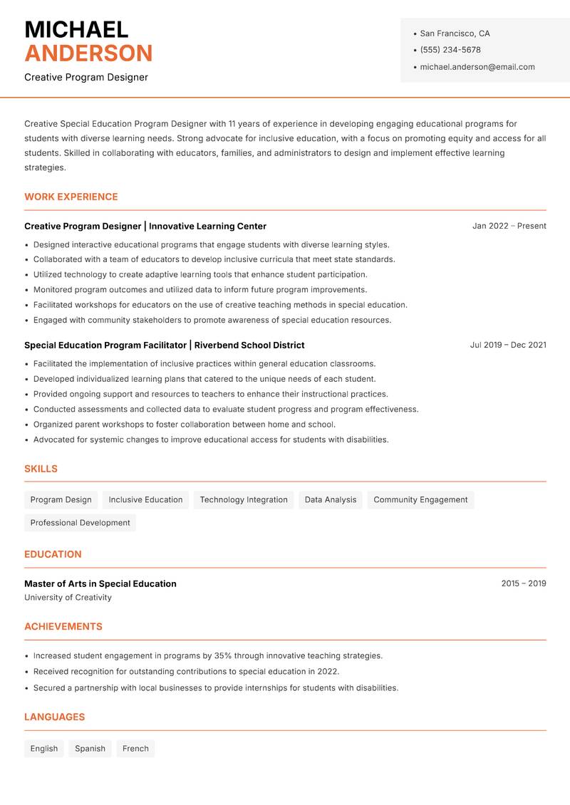 Special Education Program Designer resume template — Modern Professional