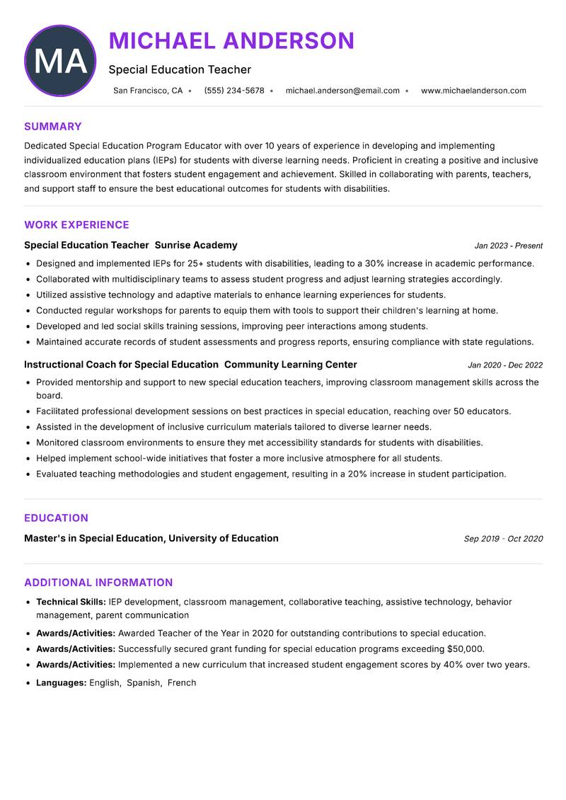 Special Education Program Educator resume example — ATS-friendly template