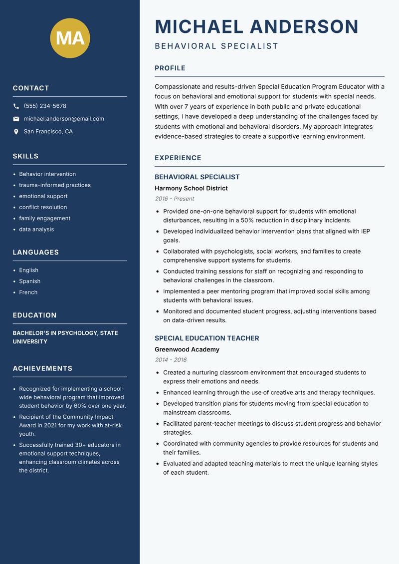 Special Education Program Educator resume template — Classic Clean