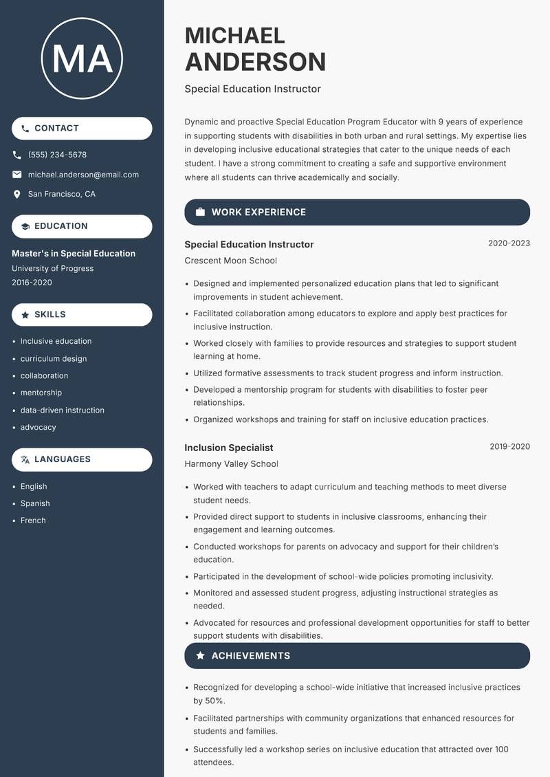 Special Education Program Educator resume template — Compact