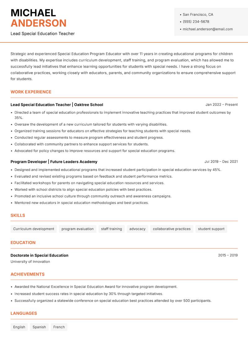 Special Education Program Educator resume template — Modern Professional