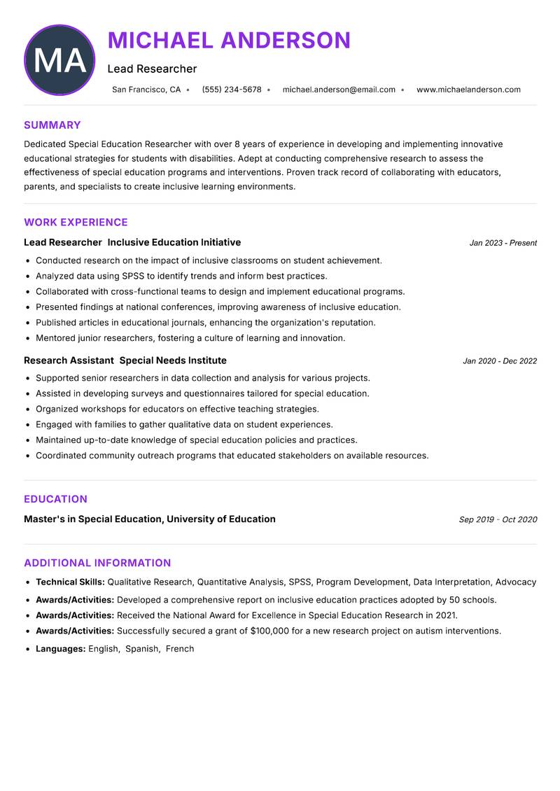 Special Education Researcher resume example — ATS-friendly template