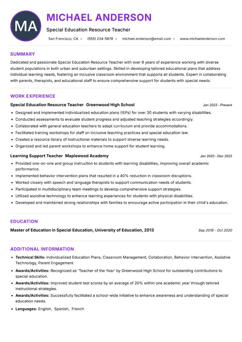 Special Education Resource Teacher resume example — ATS-friendly template