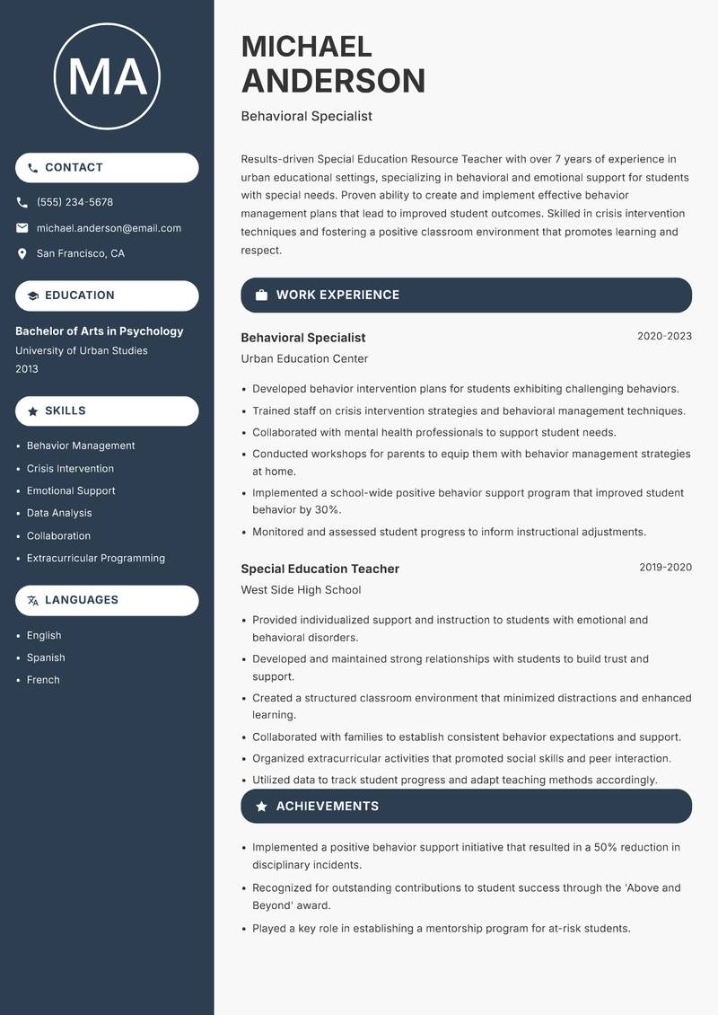 Special Education Resource Teacher resume template — Compact