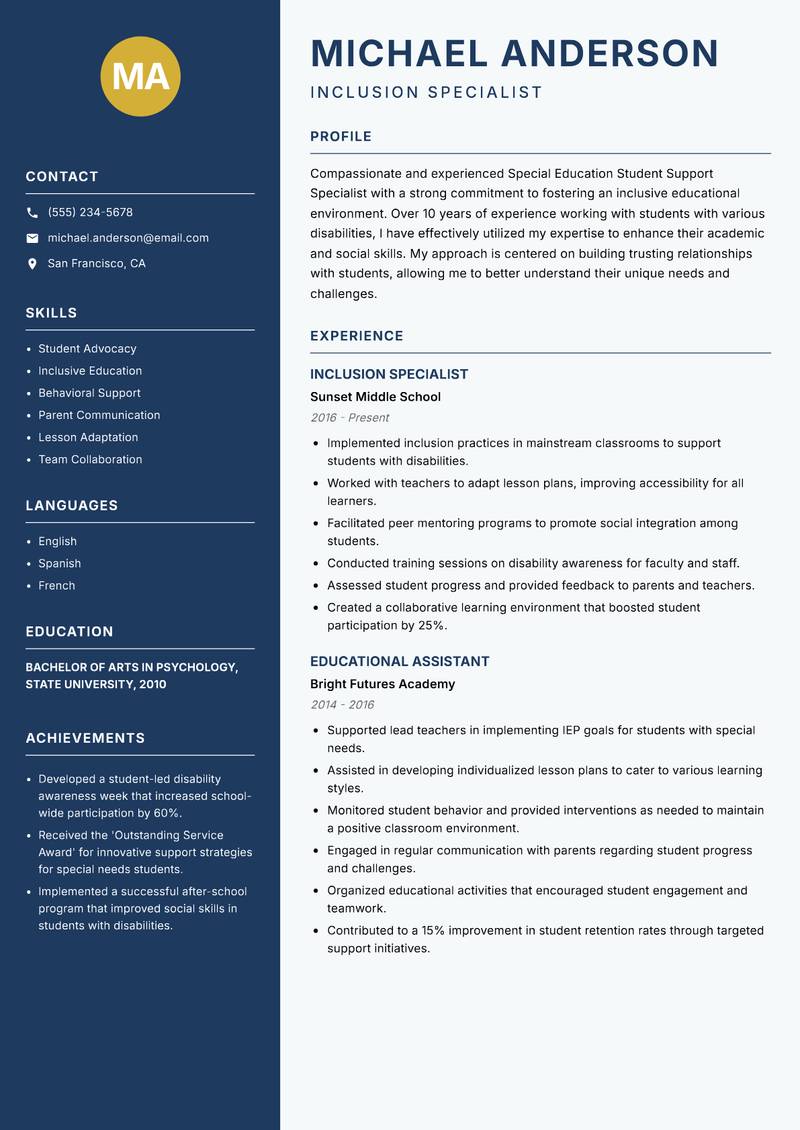 Special Education Student Support Specialist resume template — Classic Clean