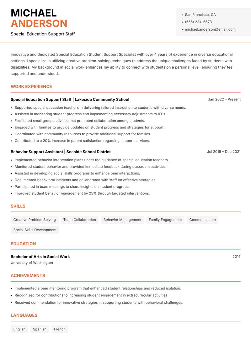 Special Education Student Support Specialist resume template — Modern Professional