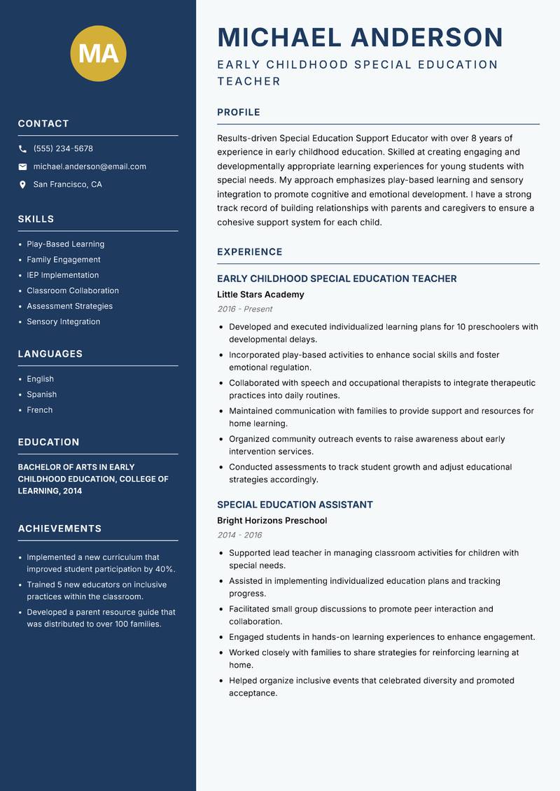 Special Education Support Educator resume template — Classic Clean