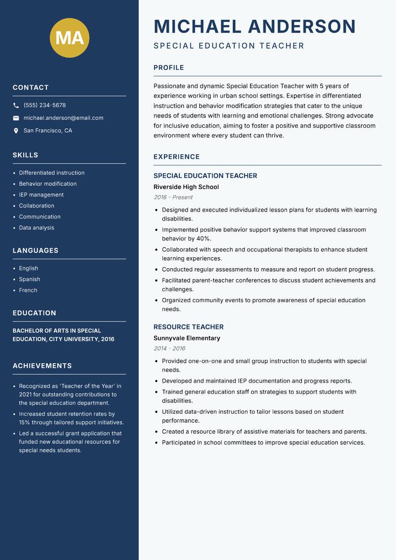 Special Education Teacher resume template — Classic Clean