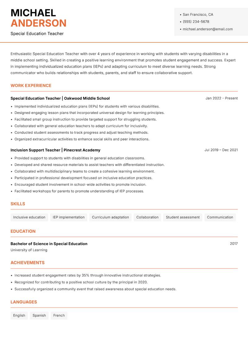 Special Education Teacher resume template — Modern Professional