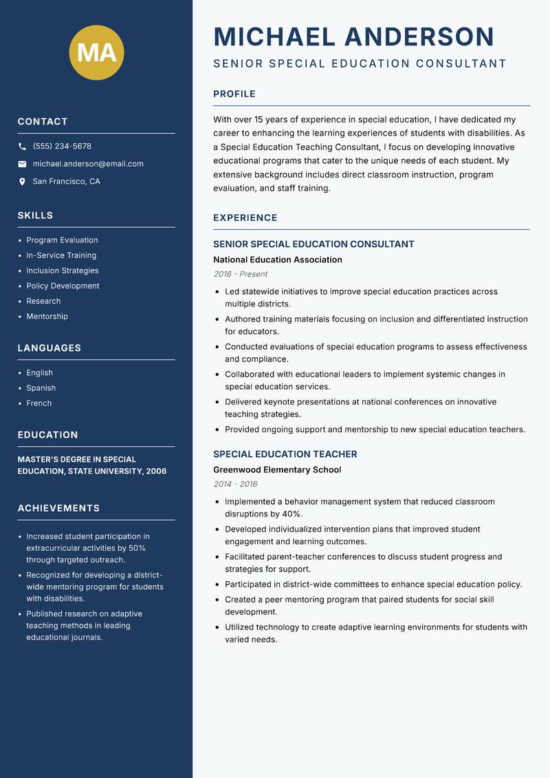 Special Education Teaching Consultant resume template — Classic Clean