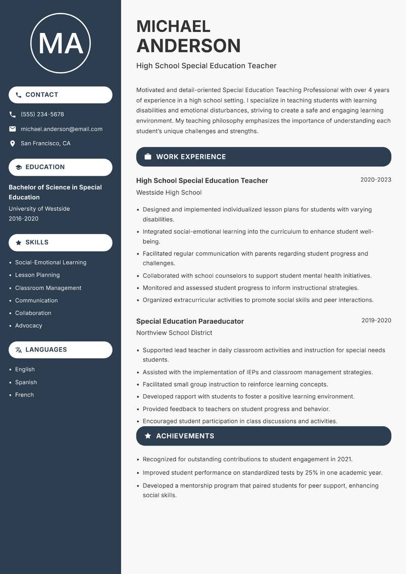 Special Education Teaching Professional resume template — Compact