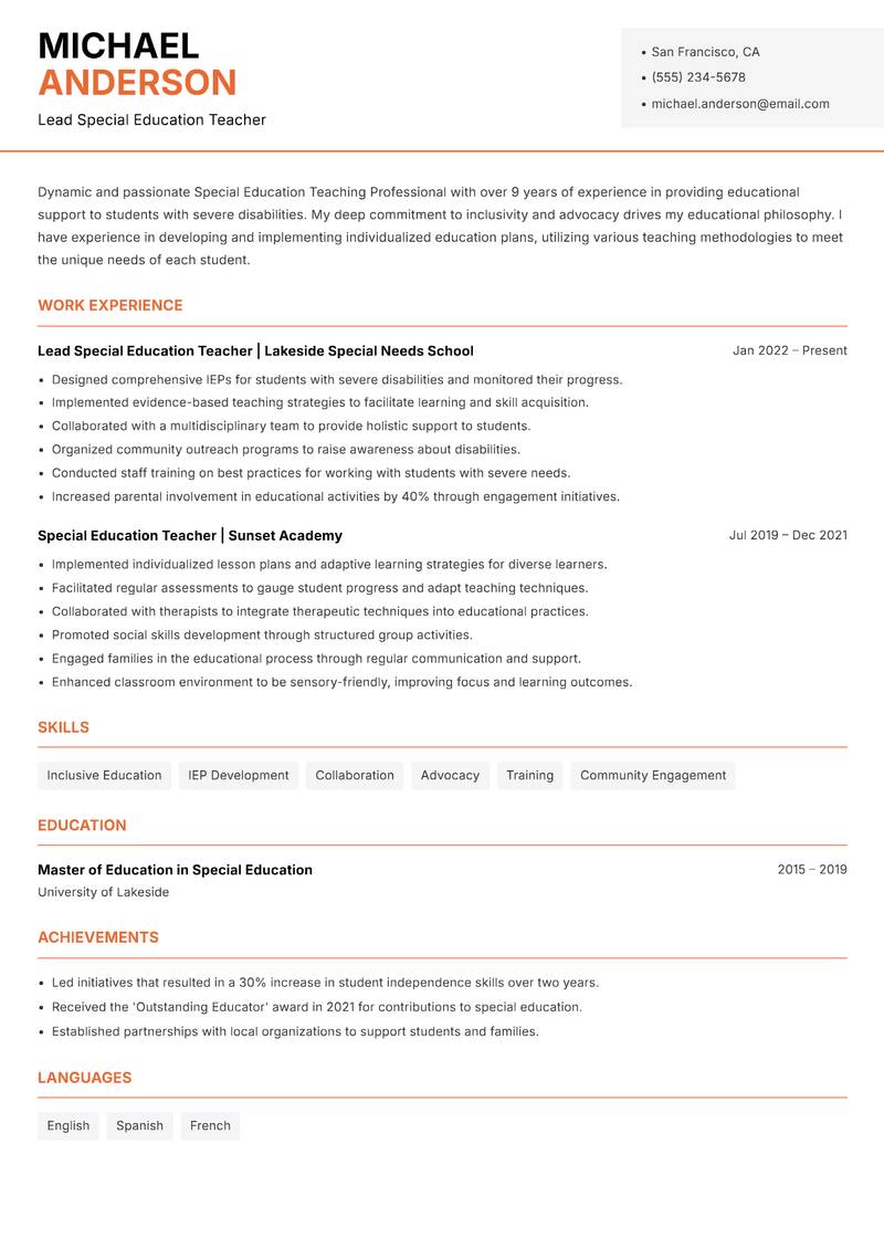 Special Education Teaching Professional resume template — Modern Professional