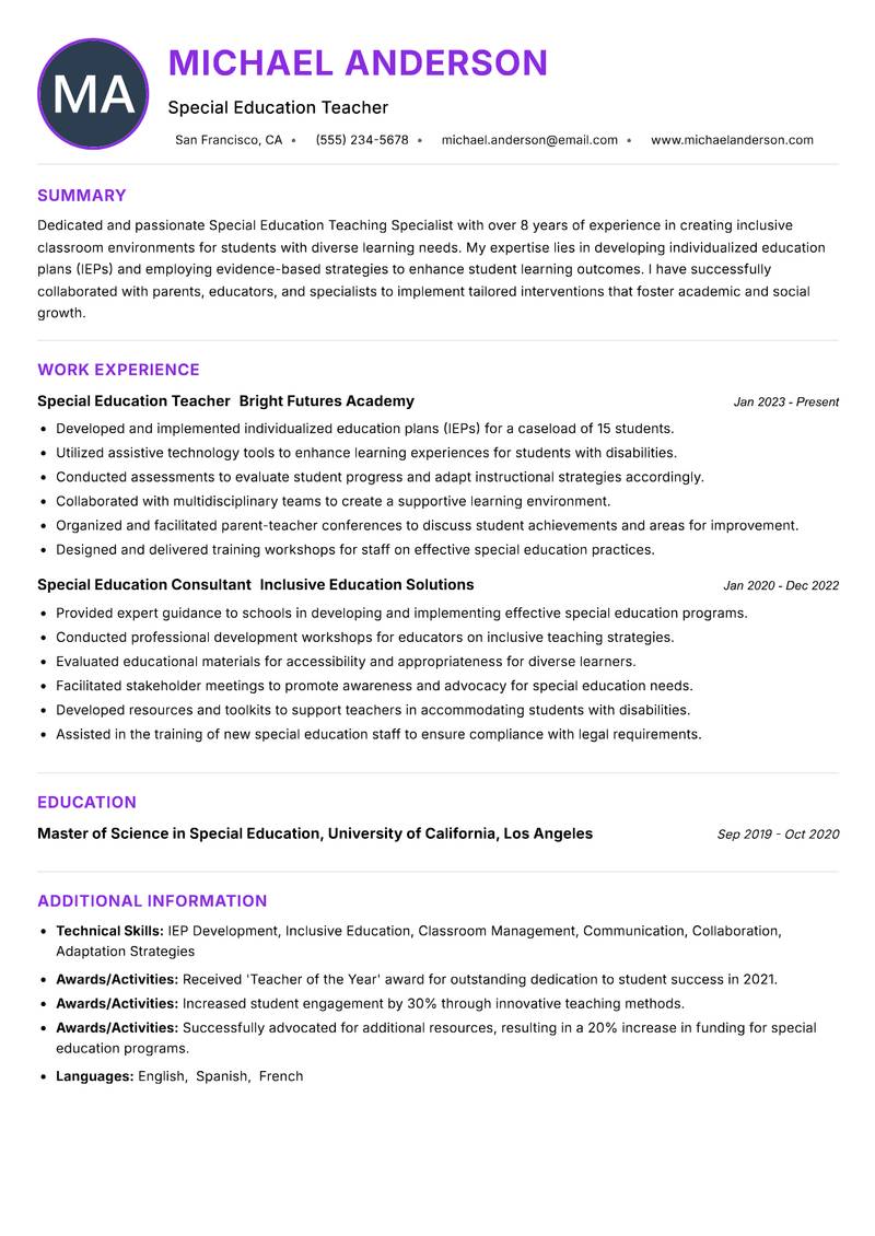 Special Education Teaching Specialist resume example — ATS-friendly template